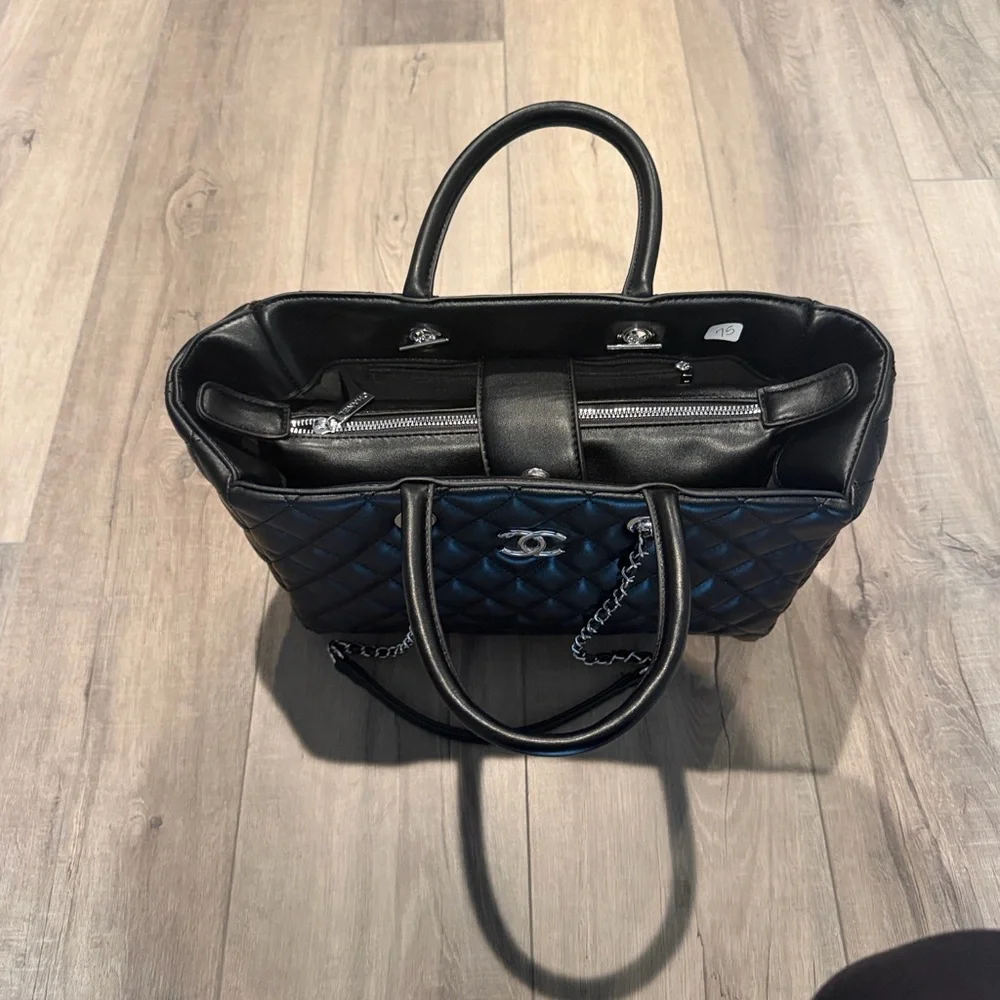 Black Quilted Tote Bag with Chain Straps - Picture 2 of 7